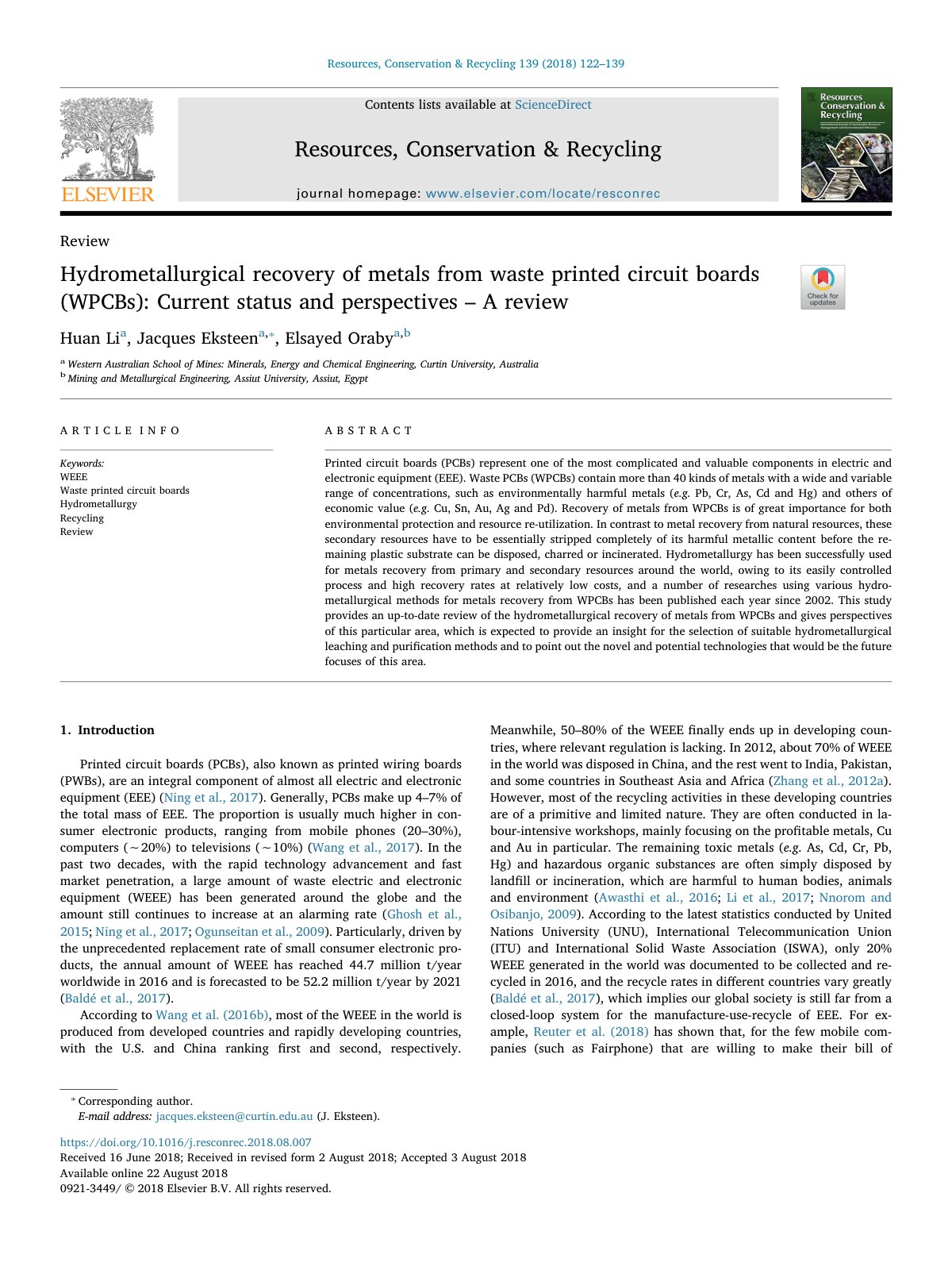 First page of Hydrometallurgical recovery of metals fr