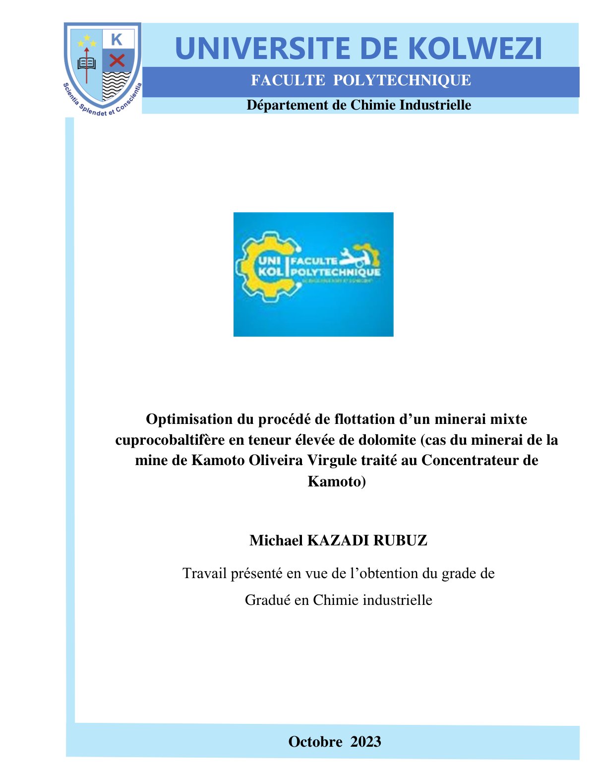 First page of Optimisation du procédé de flottation d’un minerai mixte cuprocobaltifère en teneur élevée de dolomite