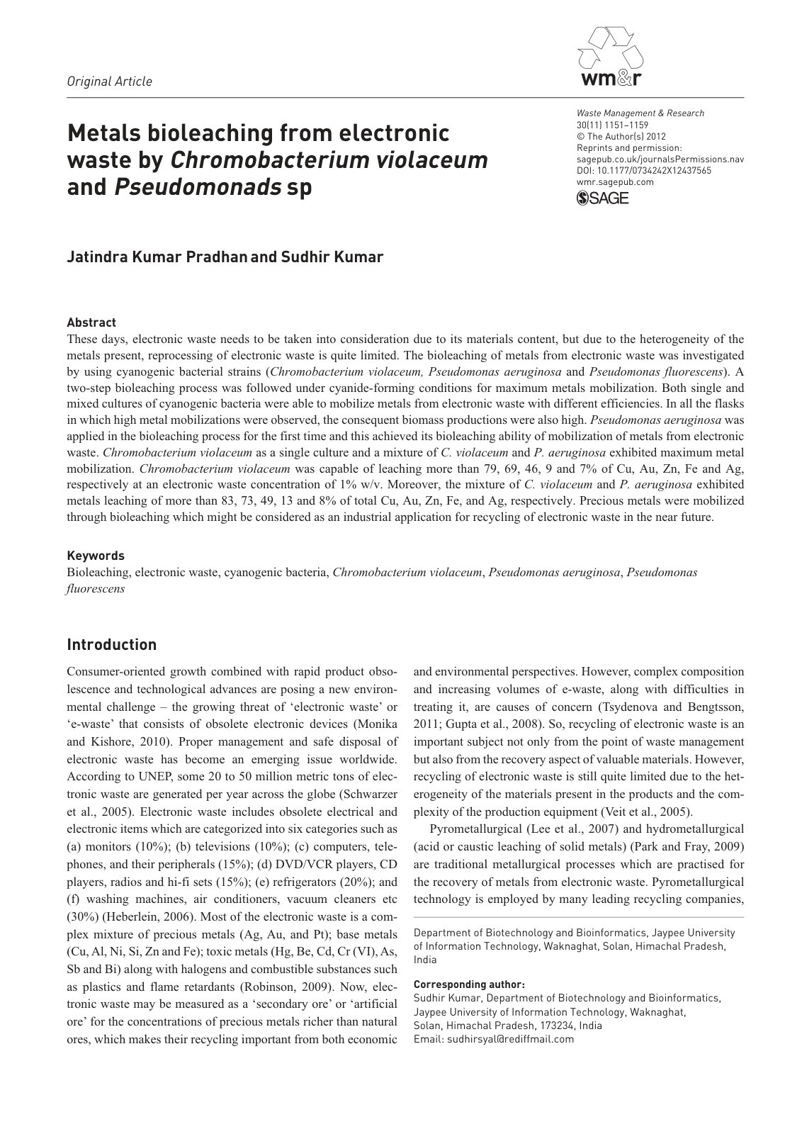 First page of Metals bioleaching from electronic waste