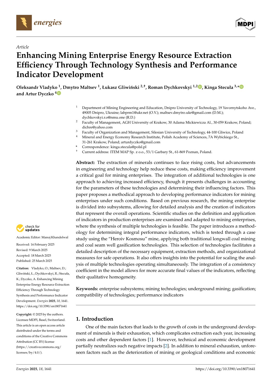First page of Enhancing Mining Enterprise Energy Resource Extraction Efﬁciency Through T echnology Synthesis and Performance Indicator Development