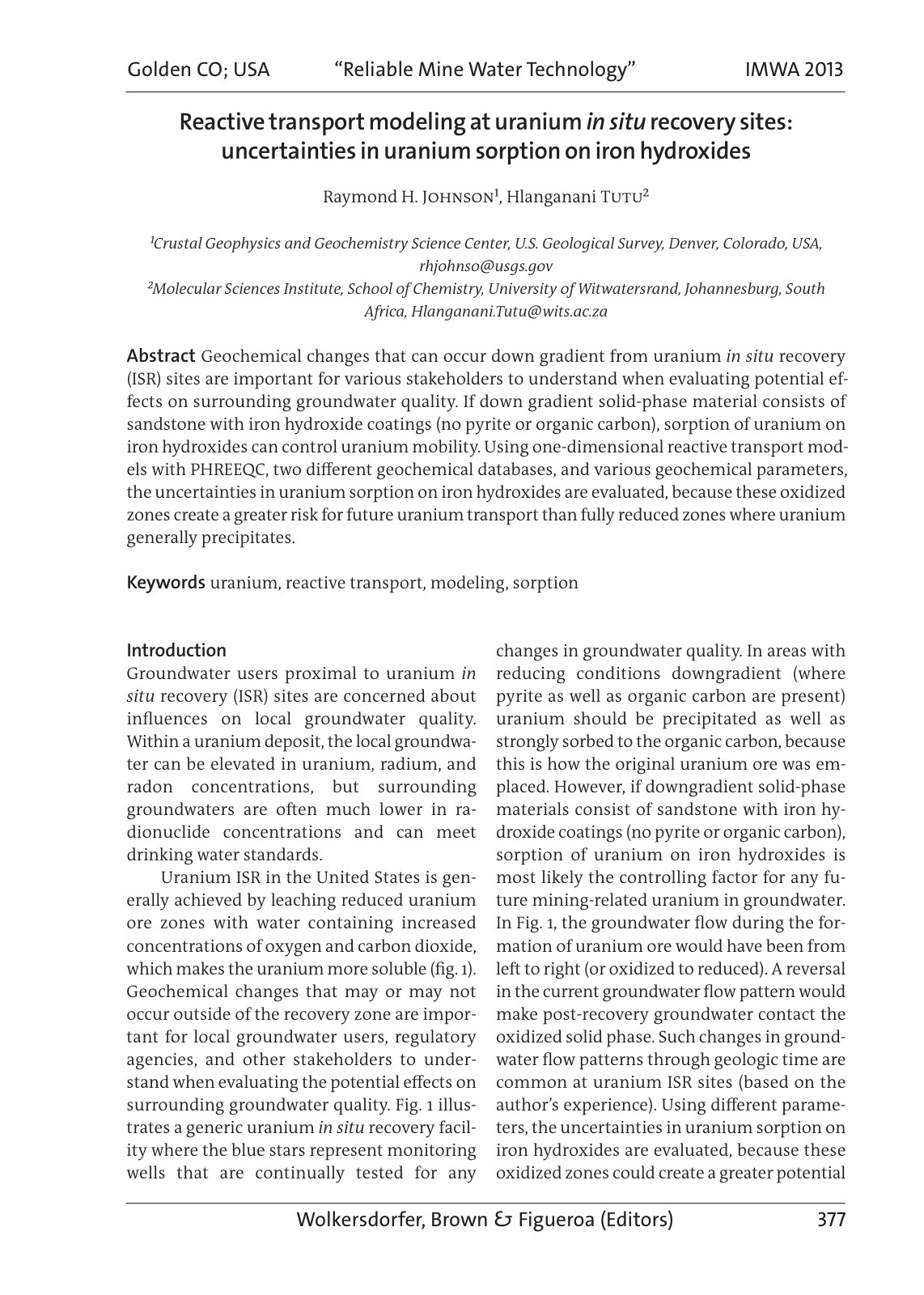 First page of Reactive transport modeling at uranium in situ recovery sites: uncertainties in uranium sorption on iron hydroxides