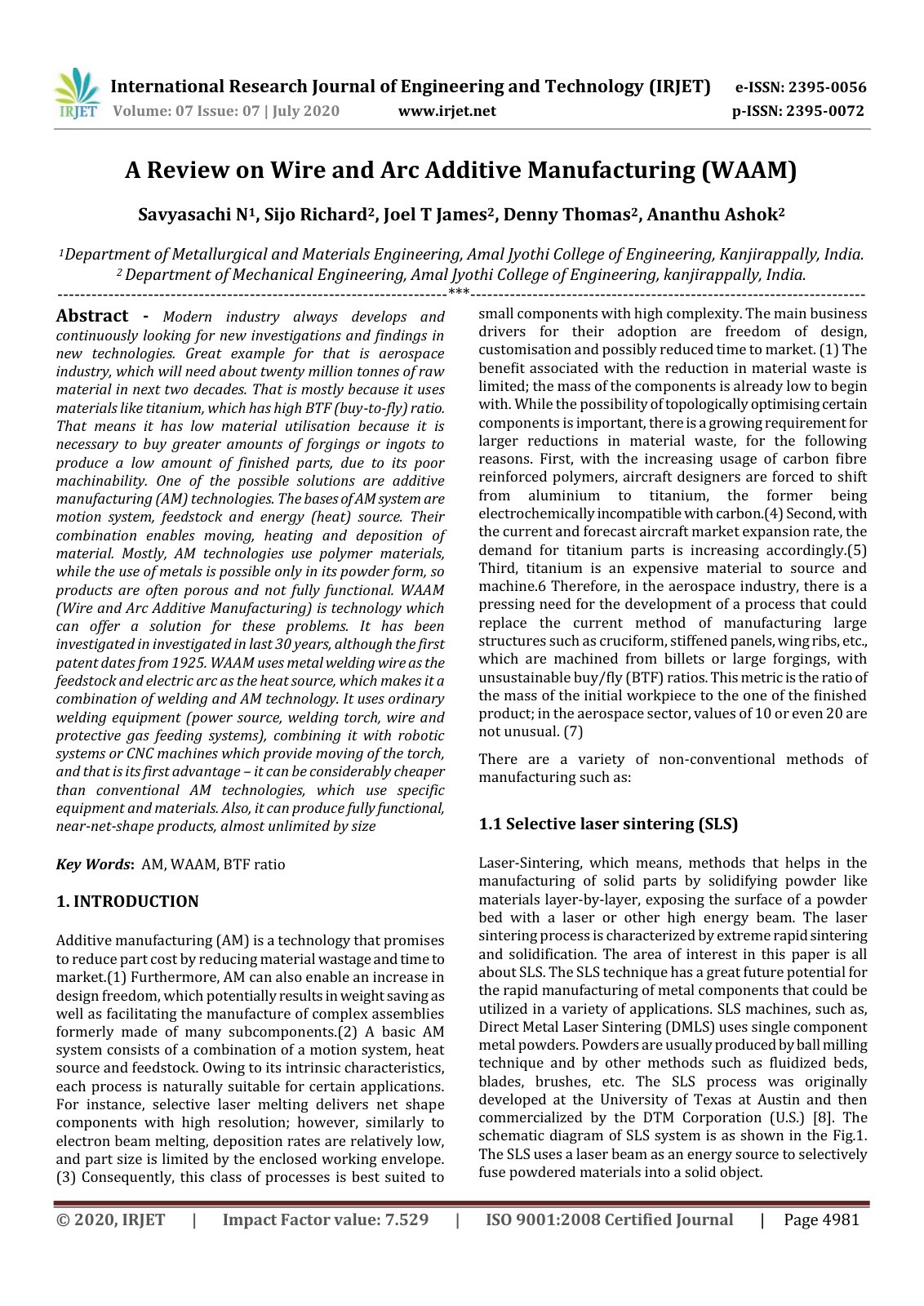 First page of A Review on Wire and Arc Additive Manufacturing (WAAM)
