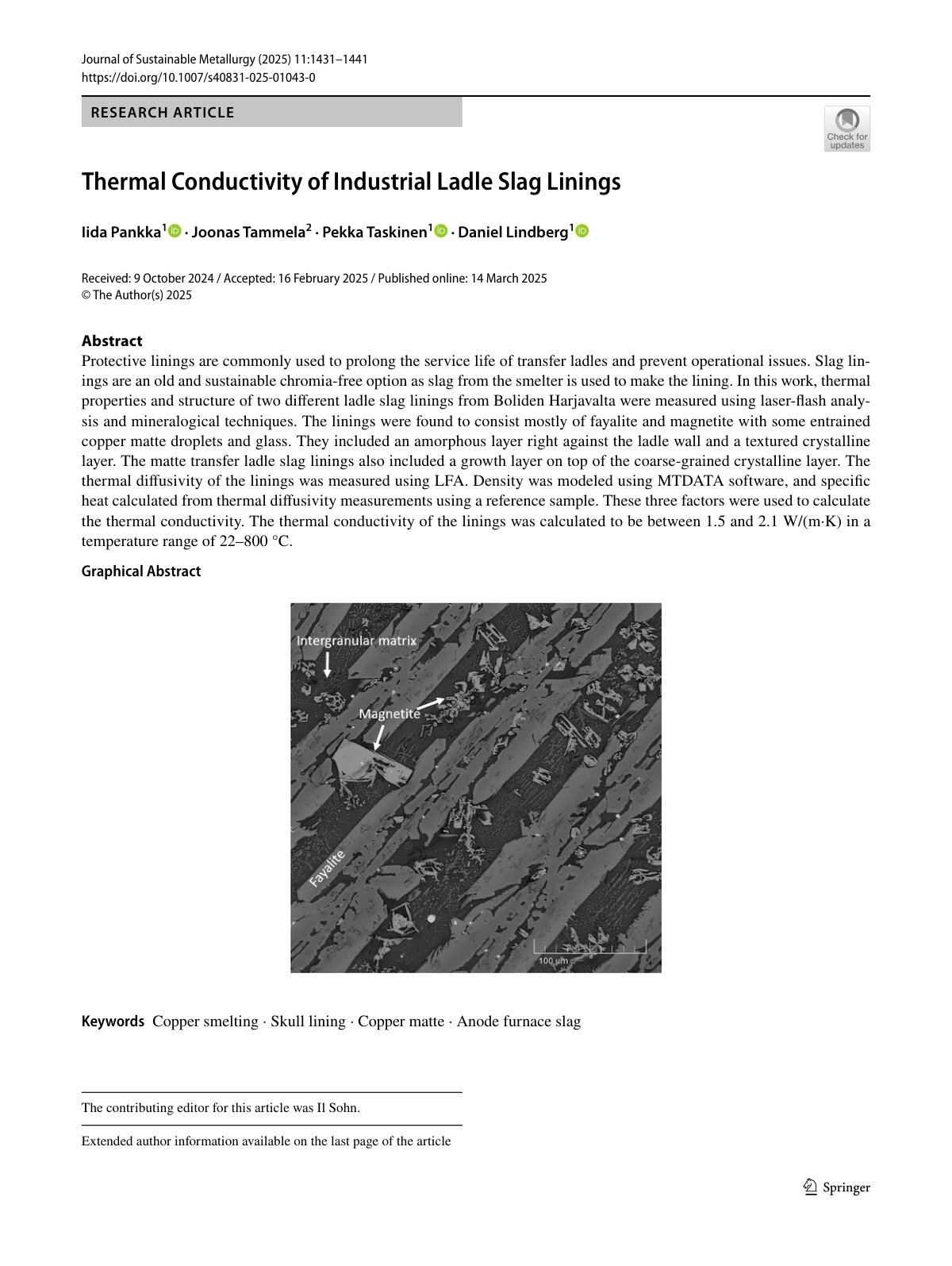 First page of 2025 Iida Pankka Thermal Conductivity of Industrial Ladle Slag Linings s40831 025 01043 0