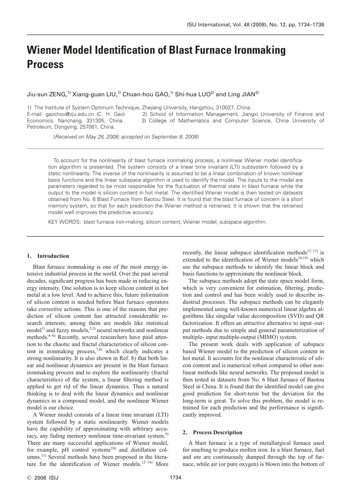 First page of 130 Wiener Model Identification of Blast Furnace Ironmaking Process