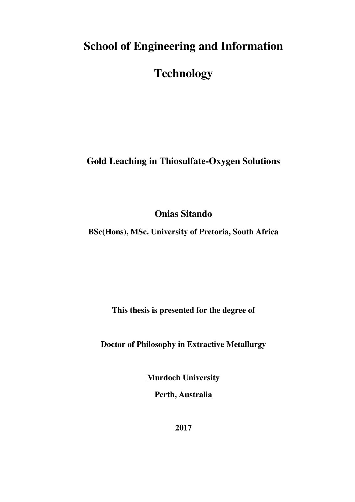 First page of Gold Leaching in Thiosulfate Oxygen Solu