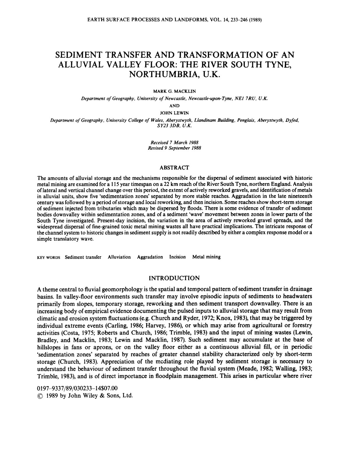 First page of SEDIMENT TRANSFER AND TRANSFORMATION OF AN ALLUVIAL VALLEY FLOOR: THE RIVER SOUTH TYNE, NORTHUMBRIA, U.K.