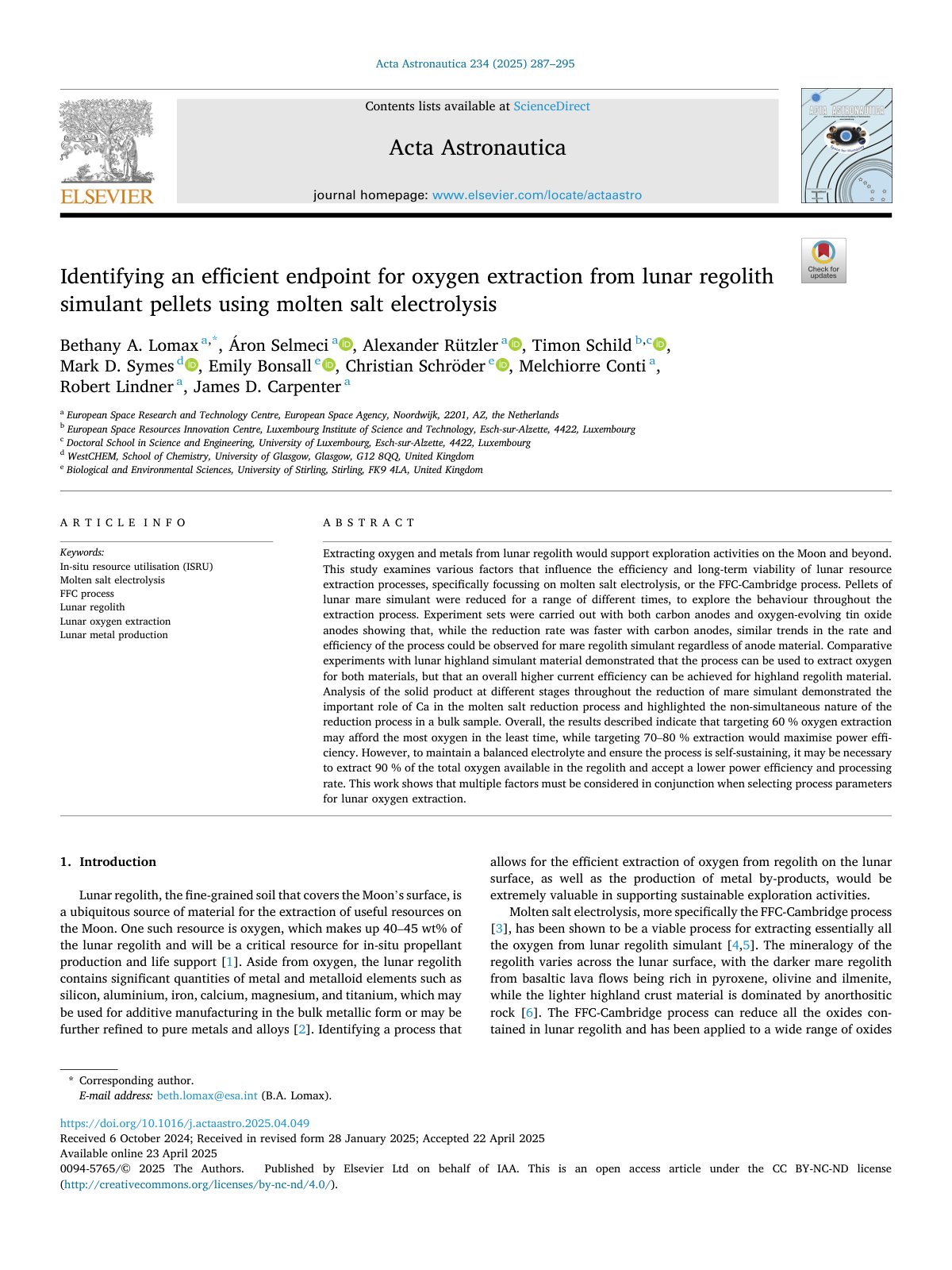 First page of Identifying an efficient endpoint for oxygen extraction from lunar regolith simulant pellets using molten salt electrolysis