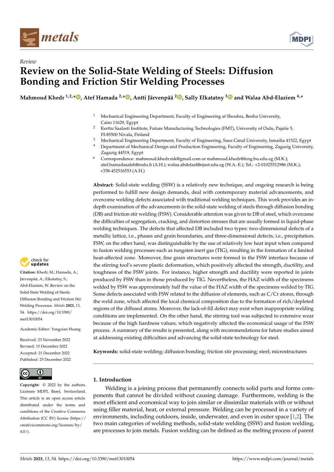 First page of Review on the Solid-State Welding of Steels: Diffusion Bonding and Friction Stir Welding Processes