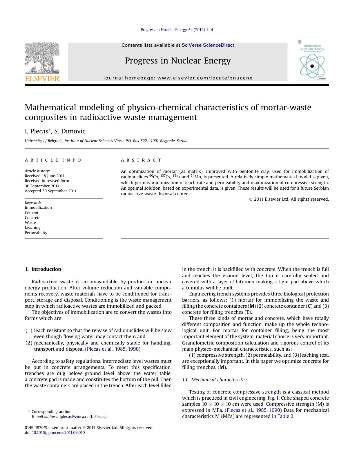 First page of Mathematical modeling of physico-chemical characteristics of mortar-waste composites in radioactive waste management