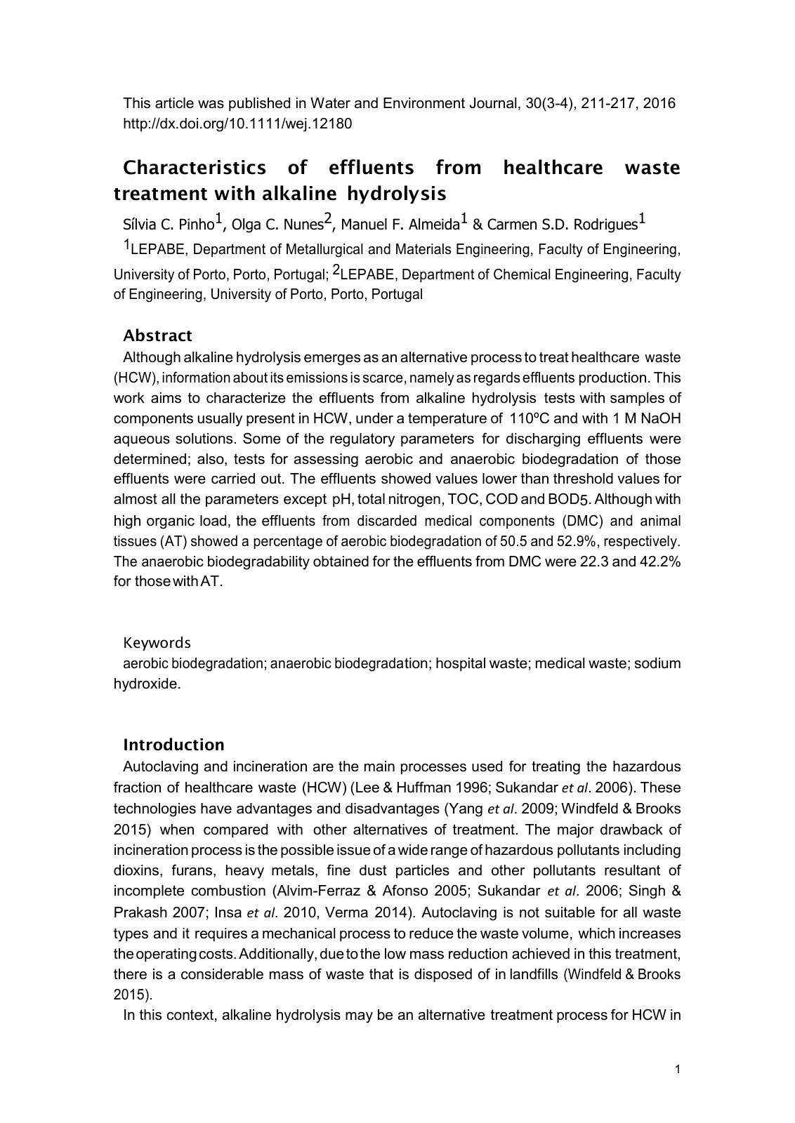 First page of Characteristics of effluents from health