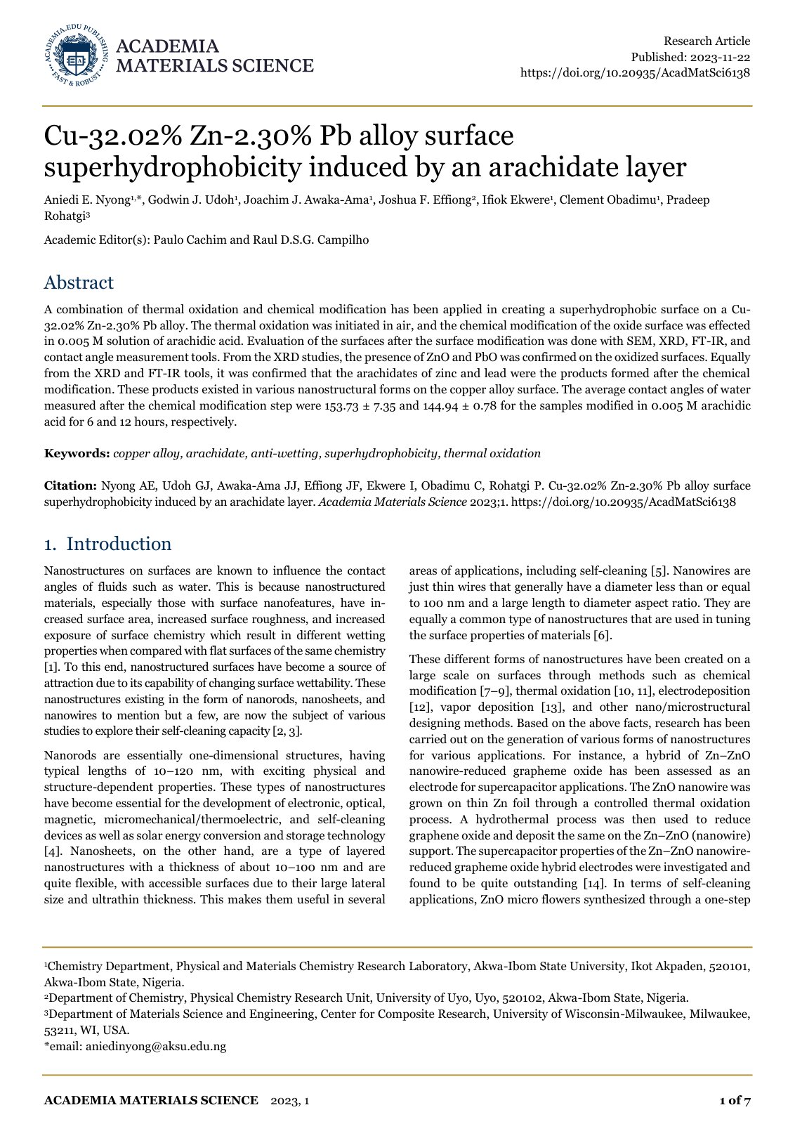 First page of Cu-32.02% Zn-2.30% Pb alloy surface superhydrophobicity induced by an arachidate layer