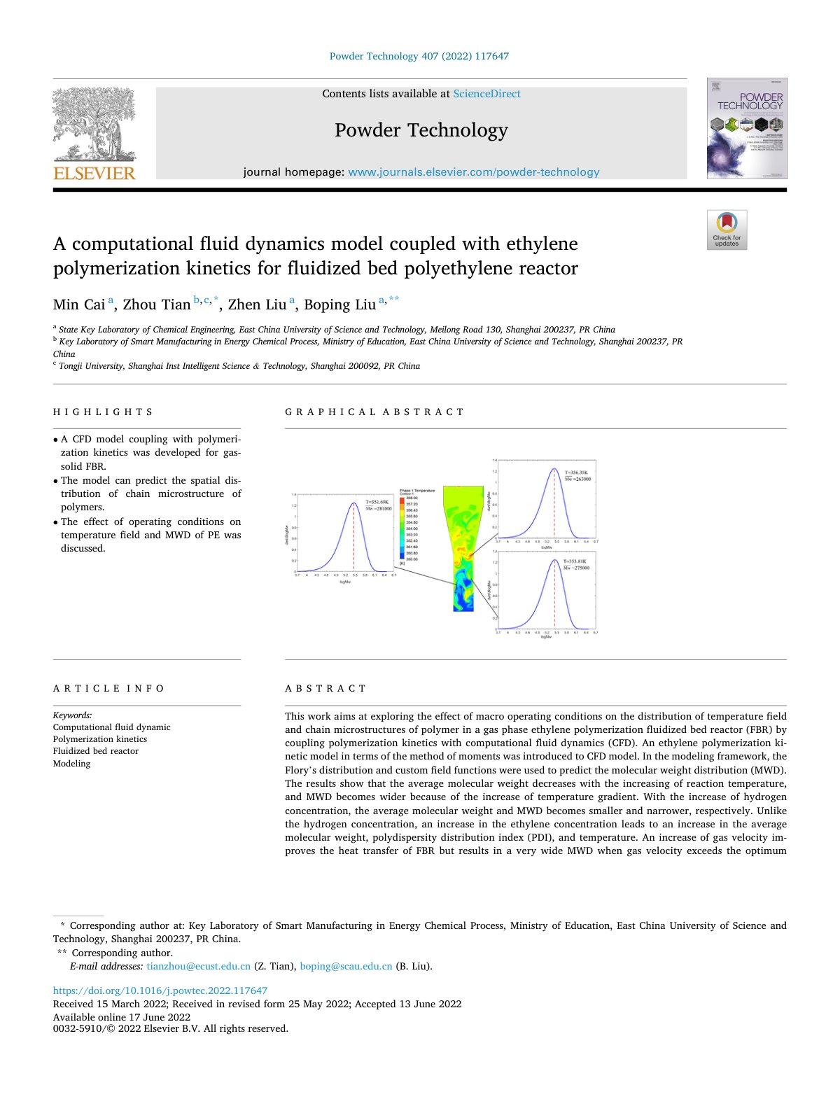 First page of A computational fluid dynamics model coupled with ethylene polymerization kinetics for fluidized bed polyethylene reactor