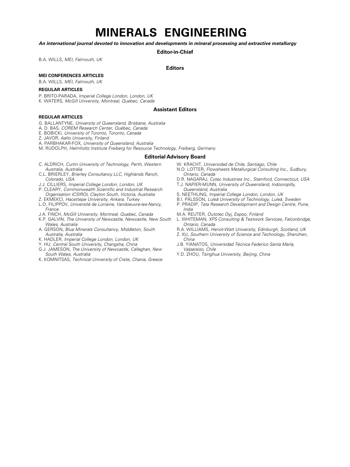 First page of Editorial Board 2020 Minerals Engineering
