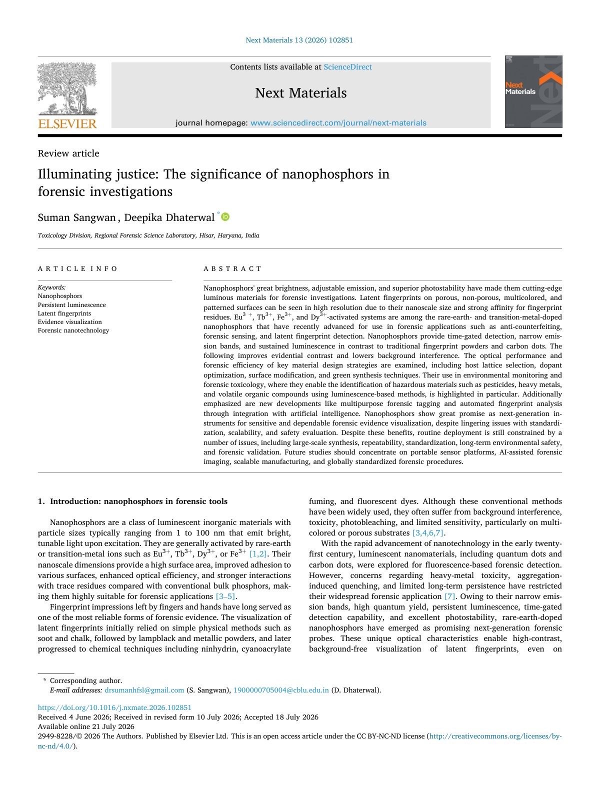 First page of Illuminating justice  The significance of nanophosphors in f 2026 Next Mater