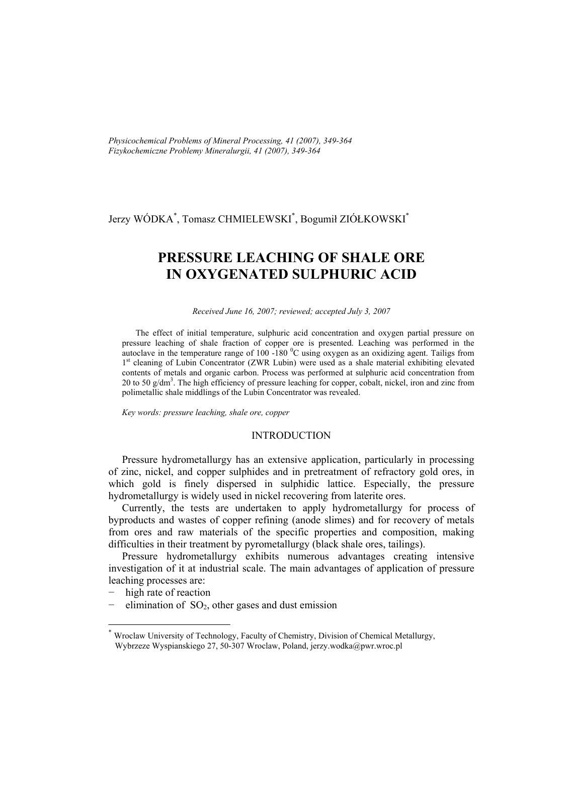 First page of Pressure Leaching of Shale Ore in Oxygenated Sulphuric Acid