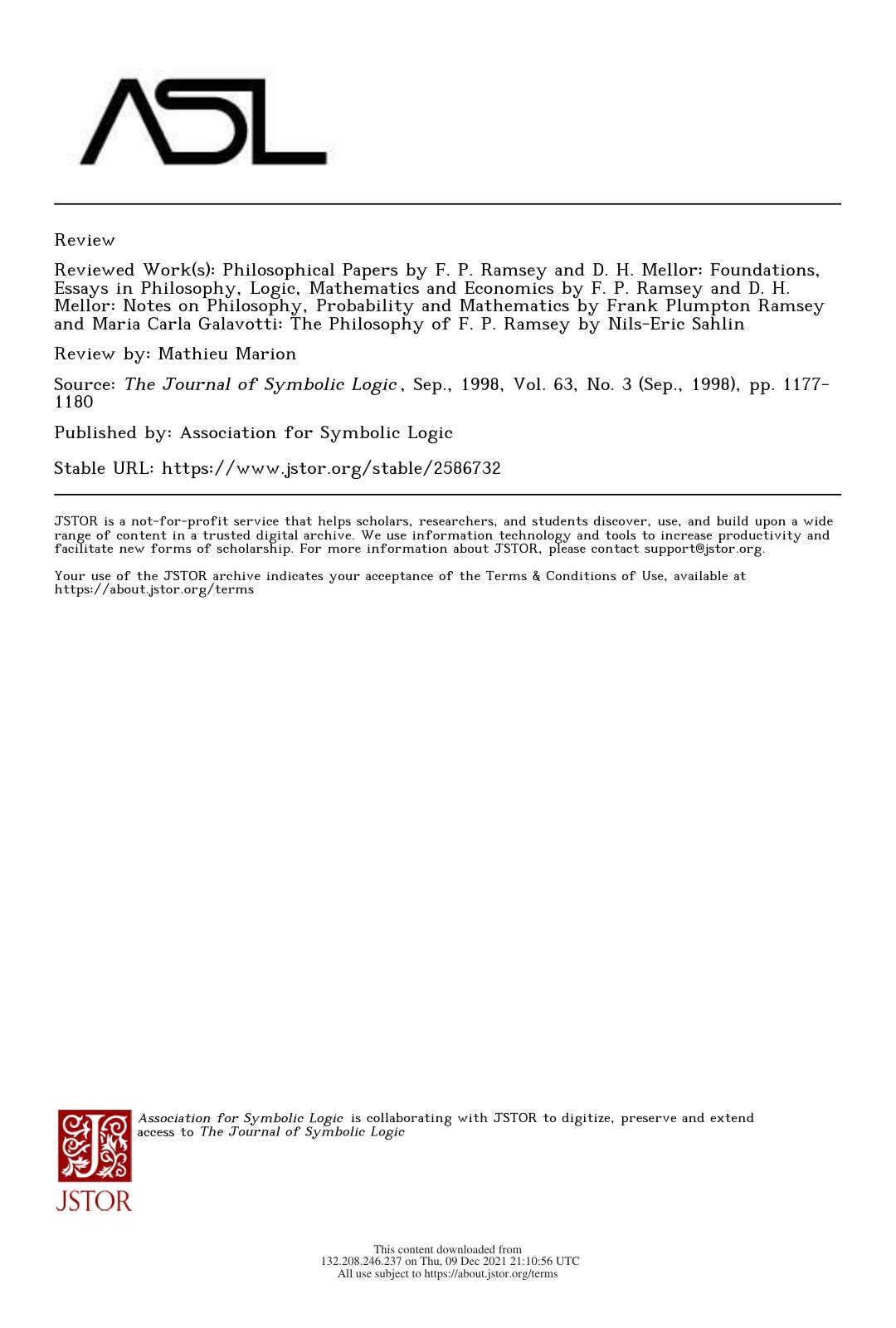 First page of Review of F P Ramsey Notes on Philosophy
