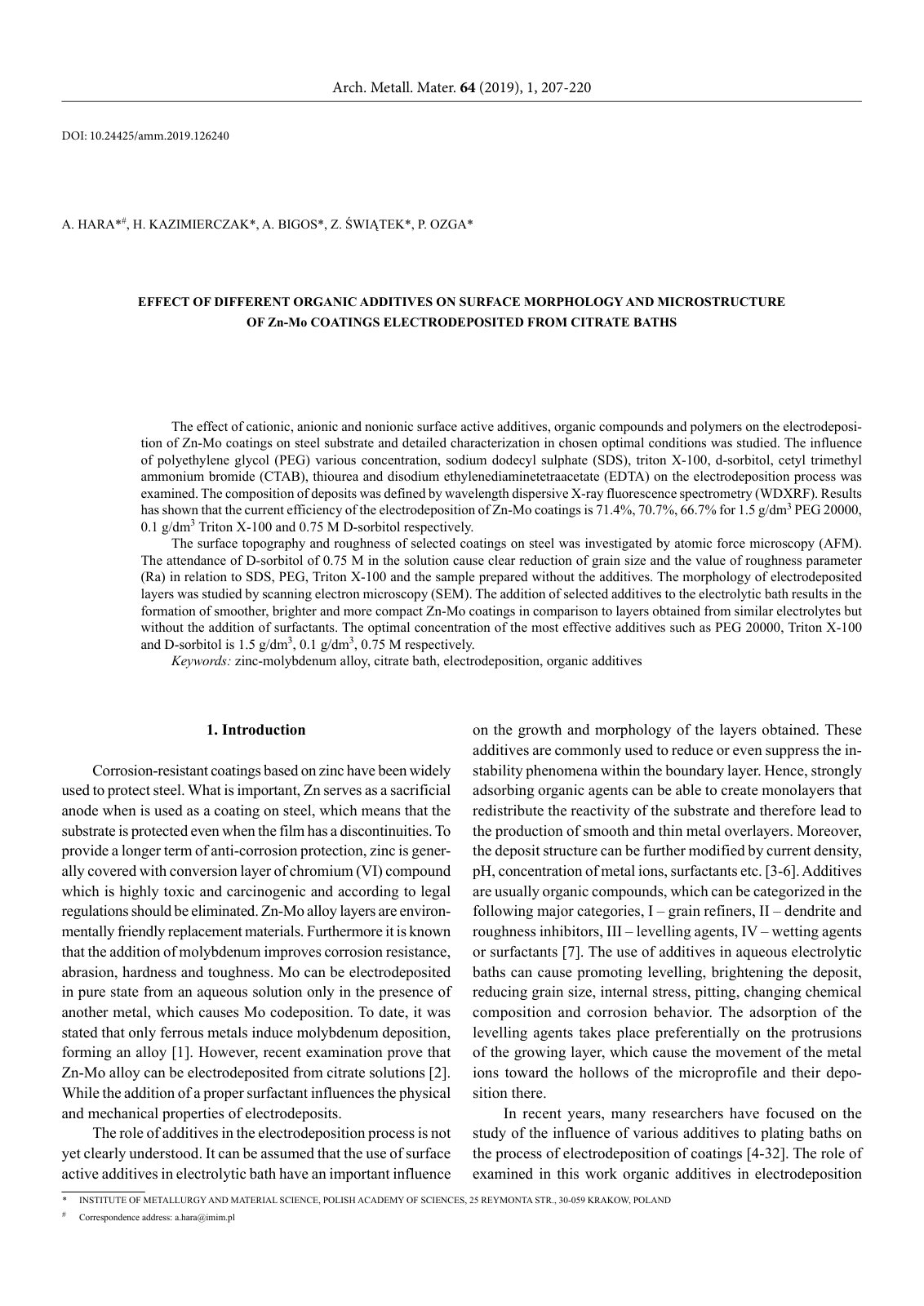 First page of EFFECT OF DIFFERENT ORGANIC ADDITIVES ON SURFACE MORPHOLOGY AND MICROSTRUCTURE OF Zn-Mo COATINGS ELECTRODEPOSITED FROM CITRATE BATHS