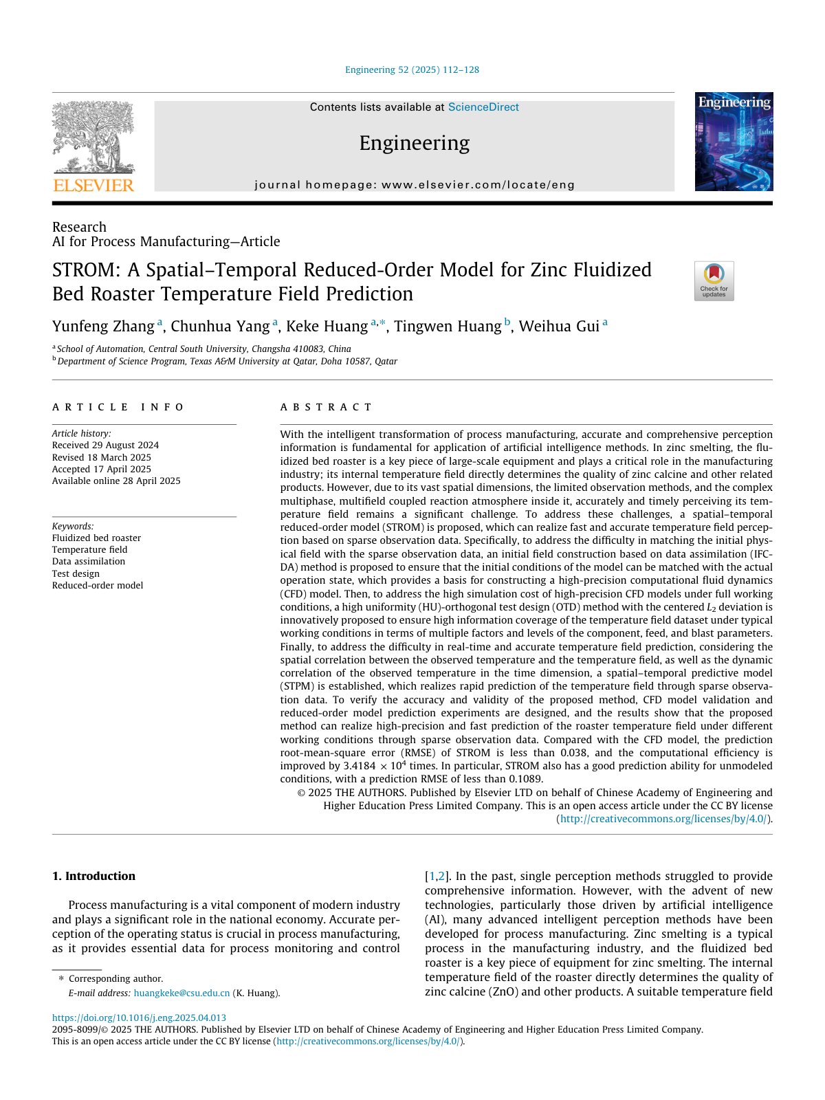 First page of STROM: A Spatial–Temporal Reduced-Order Model for Zinc Fluidized Bed Roaster Temperature Field Prediction