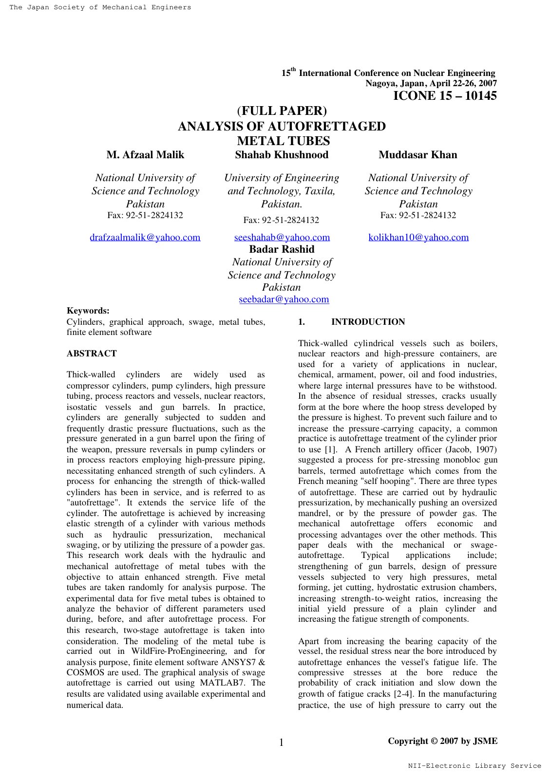 First page of ICONE15 10145 Analysis of Autofrettaged