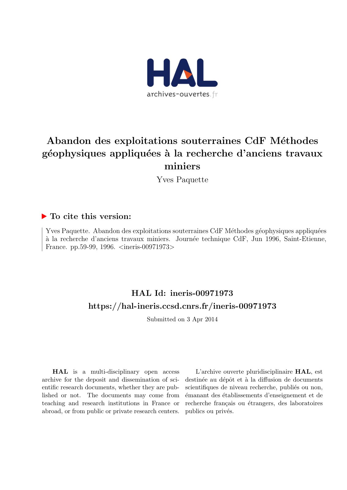 First page of Abandon des exploitations souterraines CdF Méthodes géophysiques appliquées à la recherche d’anciens travaux miniers