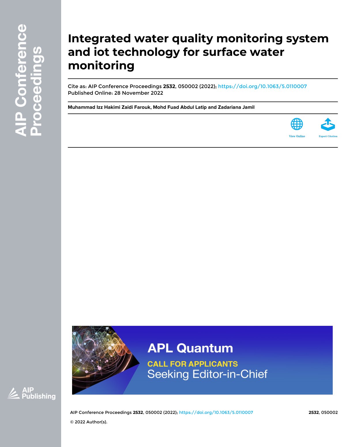 First page of Integrated water quality monitoring system and iot technology for surface water monitoring