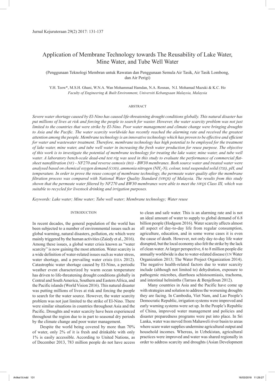 First page of Application of Membrane Technology towards The Reusability of Lake Water, Mine Water, and Tube Well Water