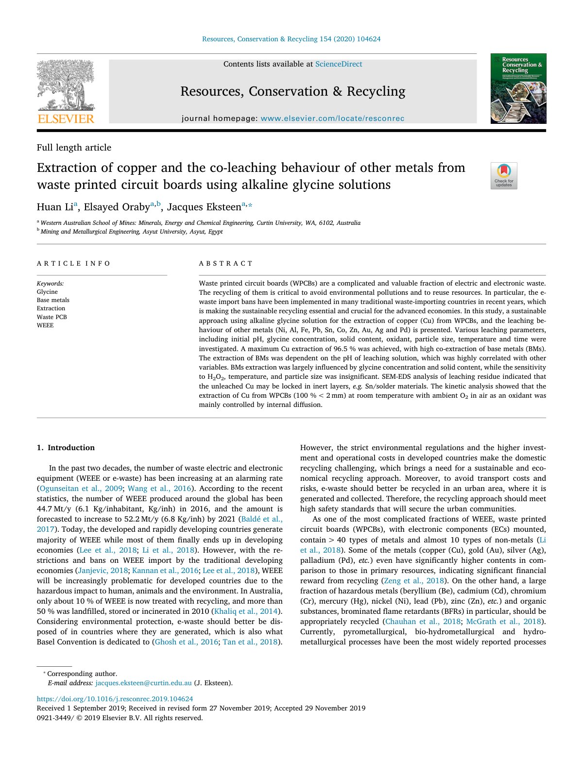 First page of Extraction of copper and the co-leaching behaviour of other metals from waste printed circuit boards using alkaline glycine solutions