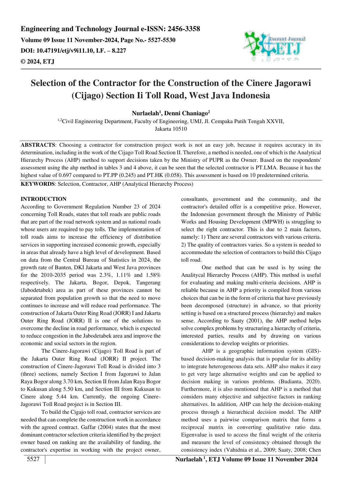 First page of Selection of the Contractor for the Construction of the Cinere Jagorawi 