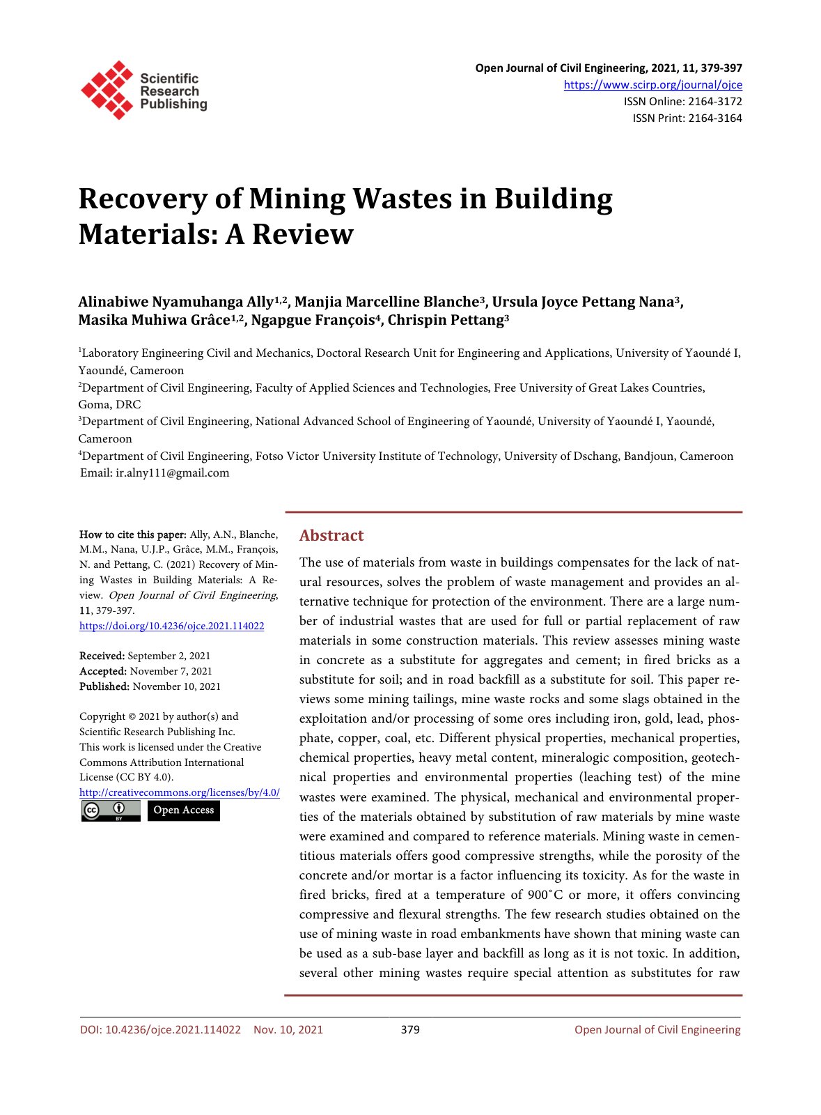 First page of Recovery of Mining Wastes in Building Materials: A Review