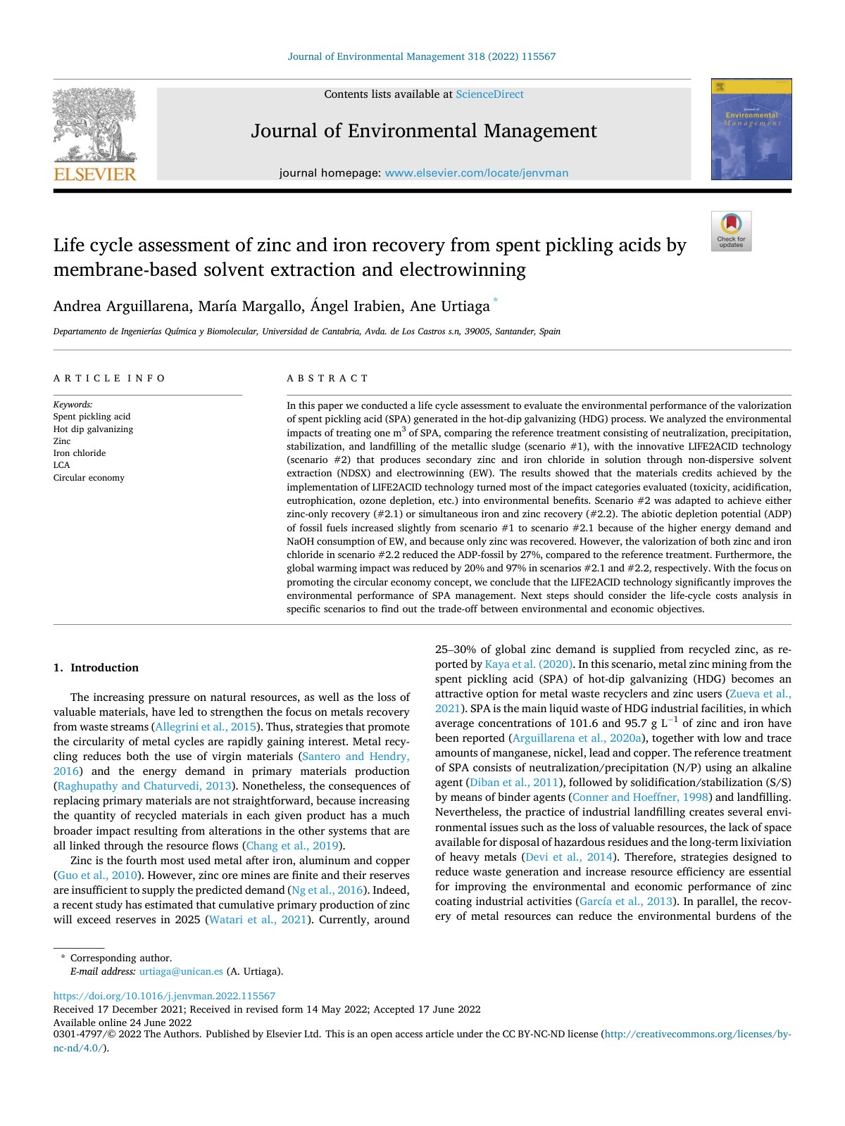 First page of Life cycle assessment of zinc and iron recovery from spent pickling acids by membrane-based solvent extraction and electrowinning