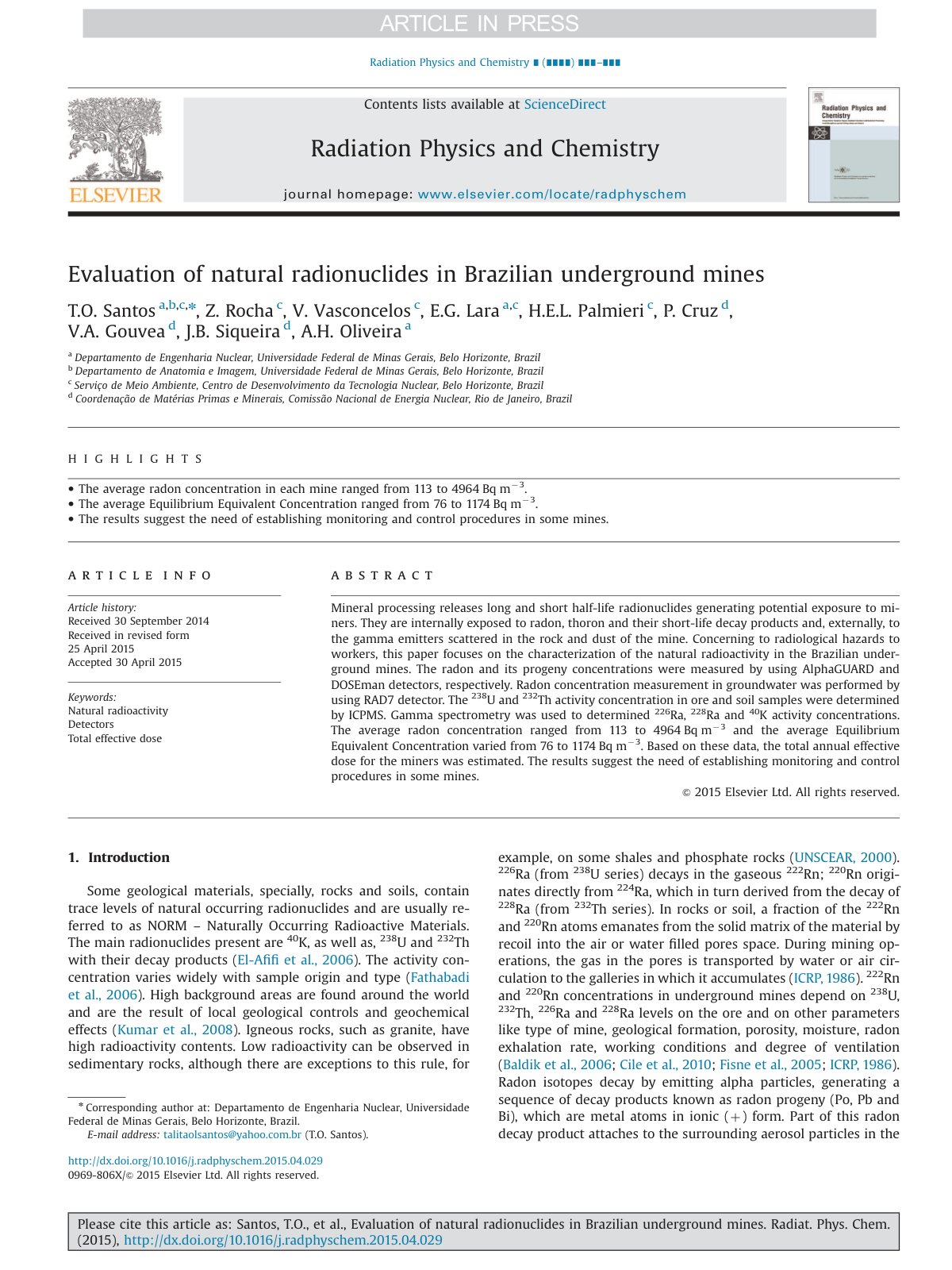 First page of Evaluation of natural radionuclides in Brazilian underground mines