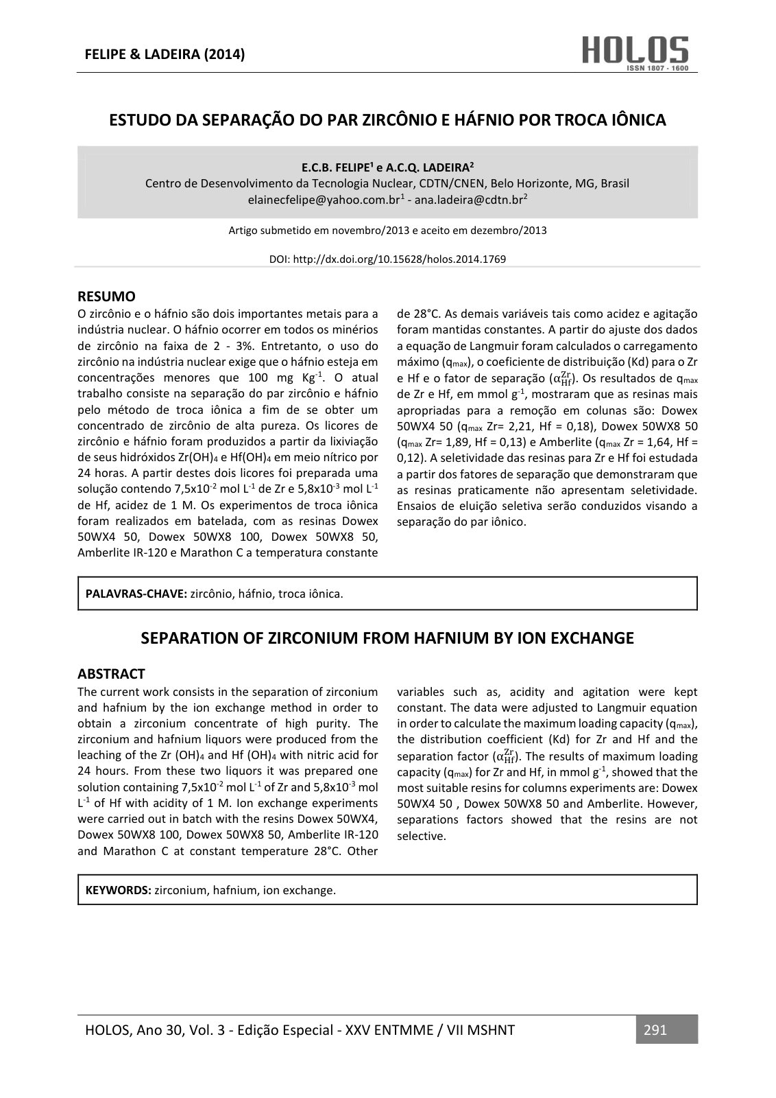 First page of Estudo Da Separacao Do Par Zirconio e Ha