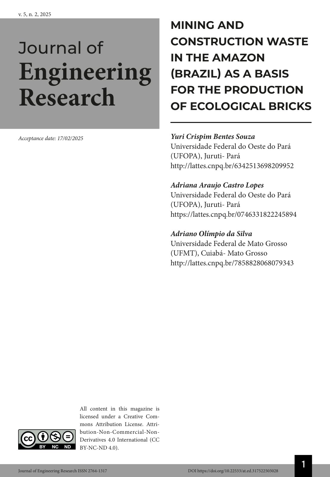 First page of MINING AND CONSTRUCTION WASTE IN THE AMAZON (BRAZIL) AS A BASIS FOR THE PRODUCTION OF ECOLOGICAL BRICKS