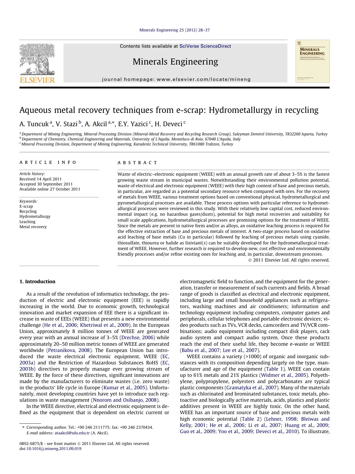 First page of Aqueous metal recovery techniques from e-scrap: Hydrometallurgy in recycling