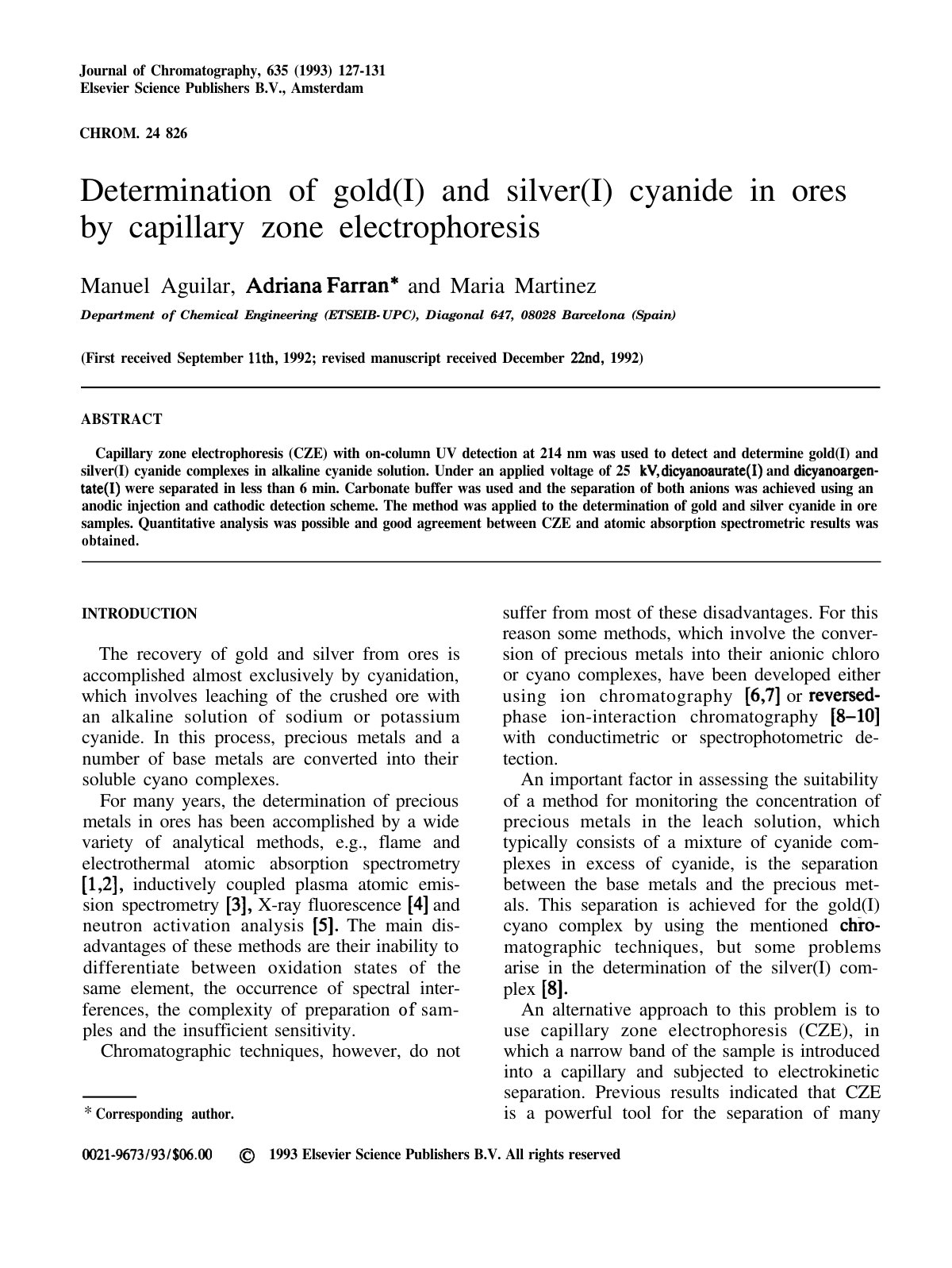First page of Determination of gold(I) and silver(I) cyanide in ores by capillary zone electrophoresis