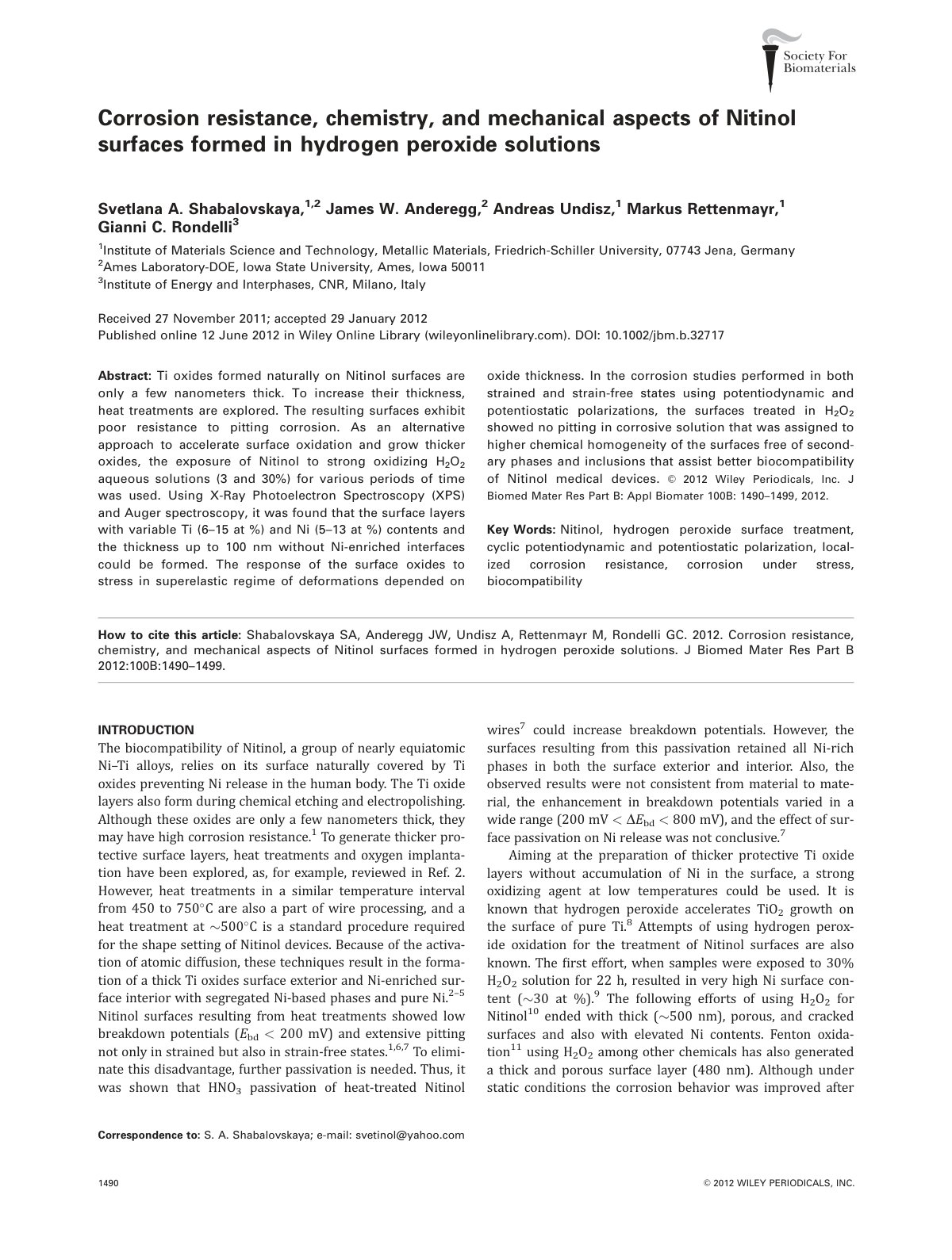 First page of Corrosion resistance, chemistry, and mechanical aspects of Nitinol surfaces formed in hydrogen peroxide solutions