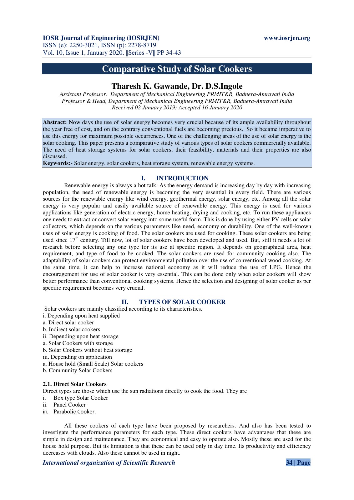 First page of Comparative Study of Solar Cookers