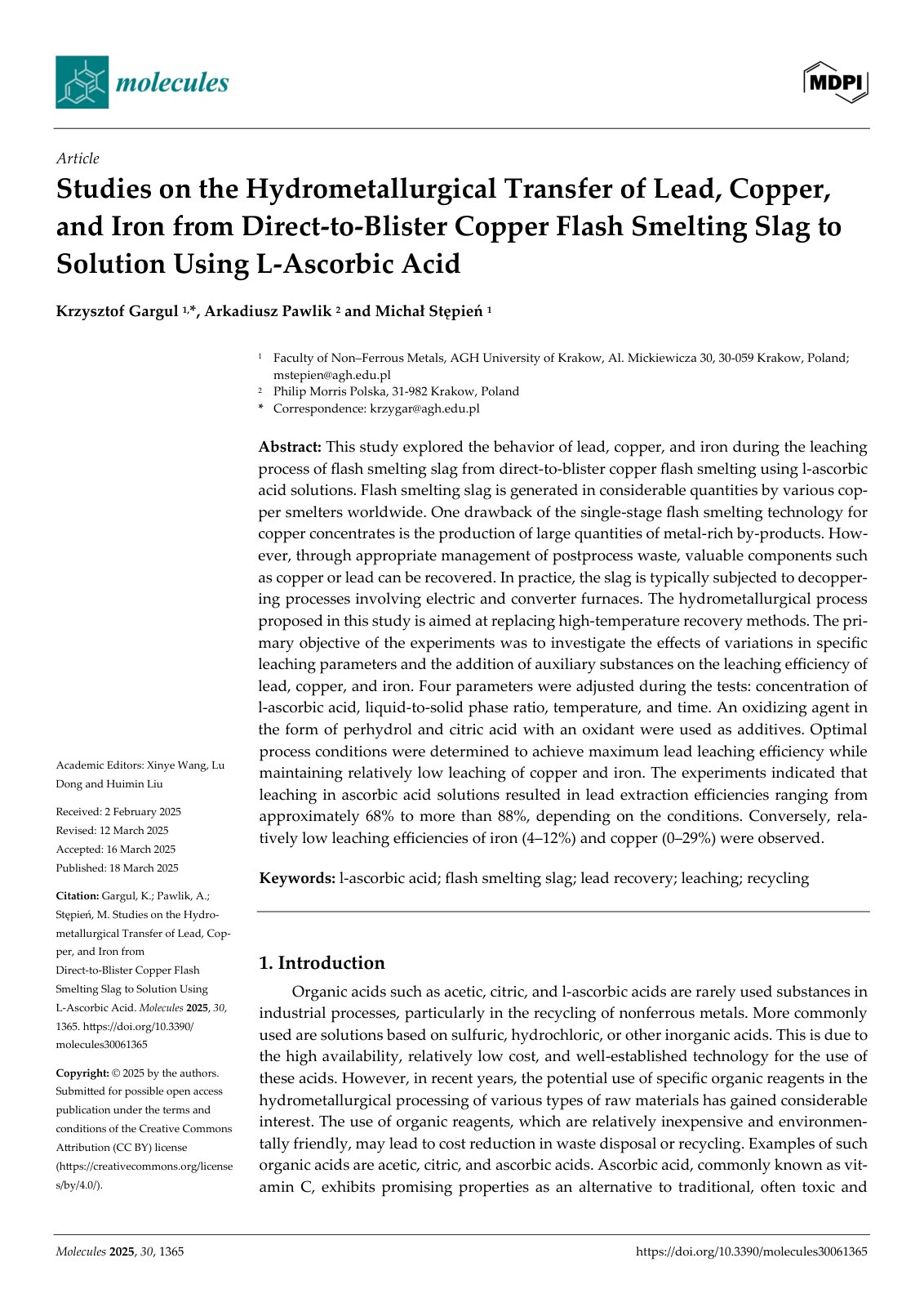 First page of 2025   Gargul   Ascorbic acid leaching of copper flash smelting slag