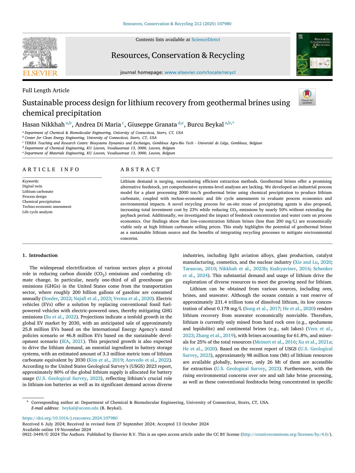 First page of Sustainable process design for lithium r