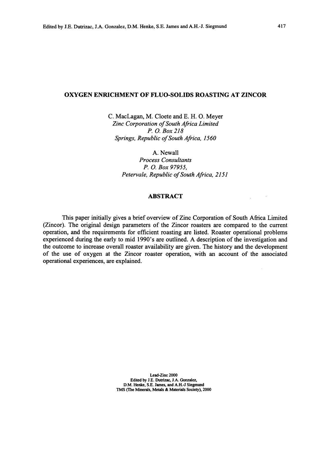 First page of OXYGEN ENRICHMENT OF FLUO-SOLIDS ROASTING AT ZINCOR