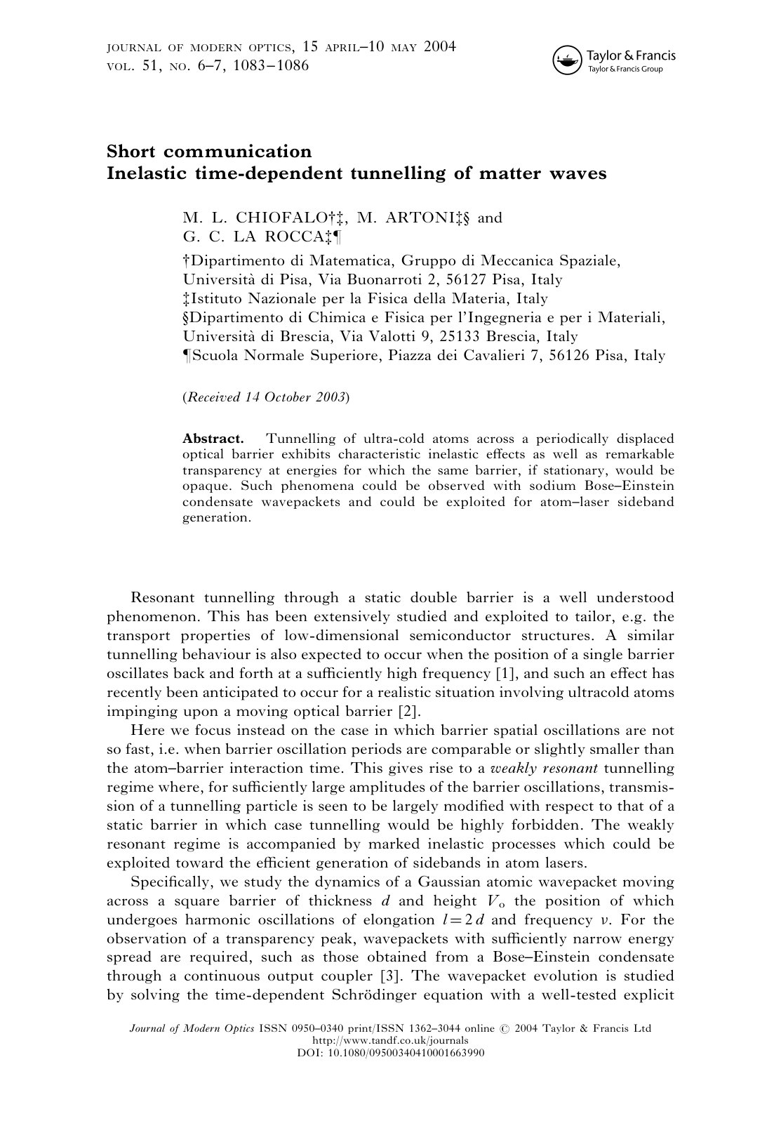 First page of Inelastic time dependent tunnelling of m