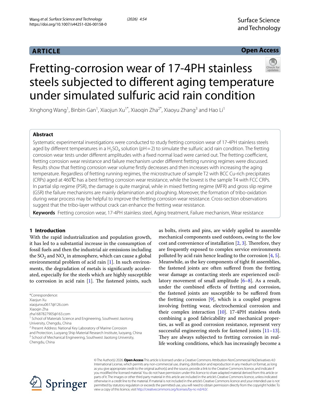 First page of 2026 Wang 17 4PH Fretting Corrosion Aging