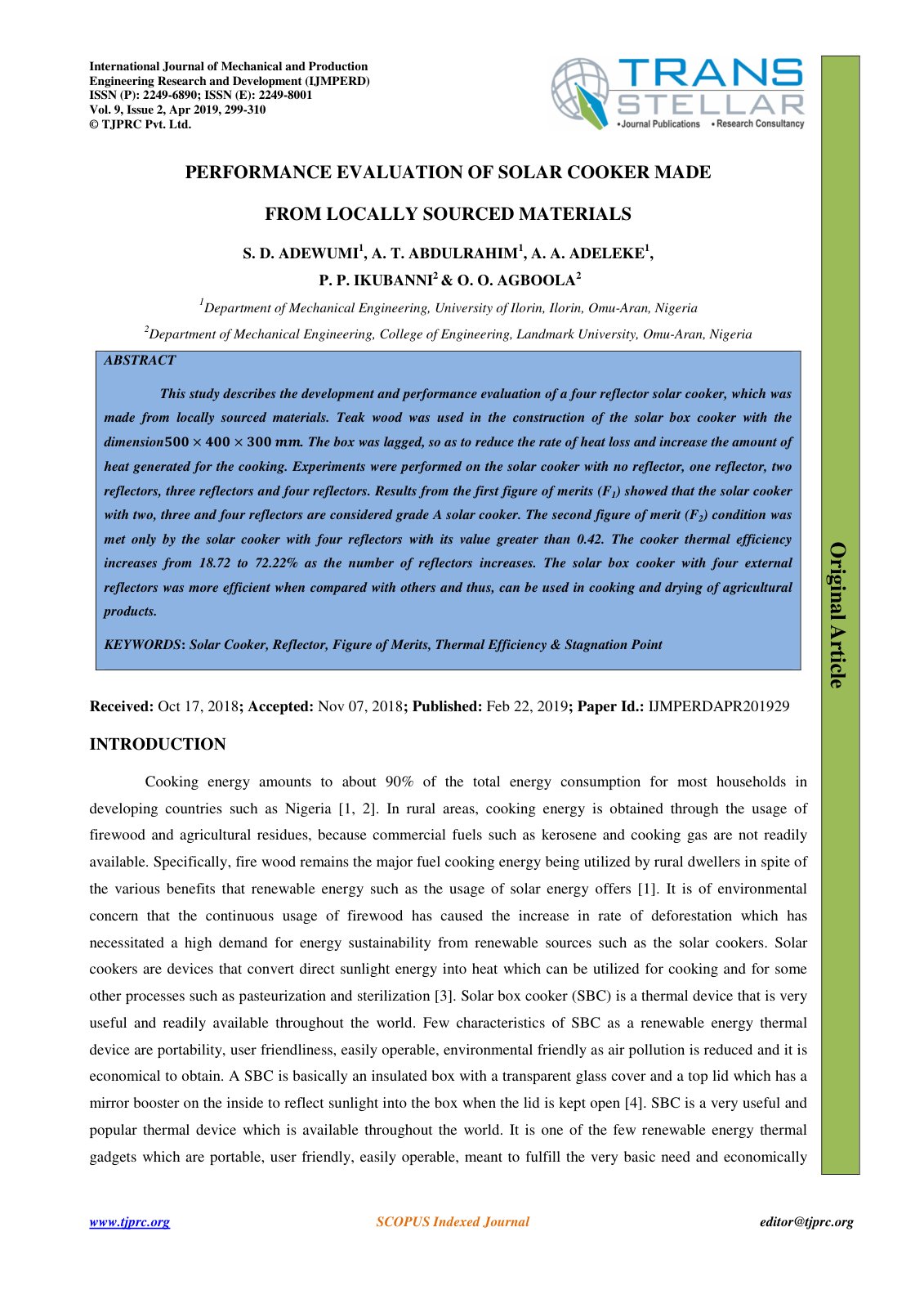 First page of PERFORMANCE EVALUATION OF SOLAR COOKER M