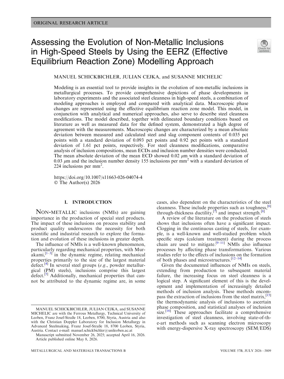 First page of Assessing the Evolution of Non-Metallic Inclusions in High-Speed Steels by Using the EERZ (Effective Equilibrium Reaction Zone) Modelling Approach
