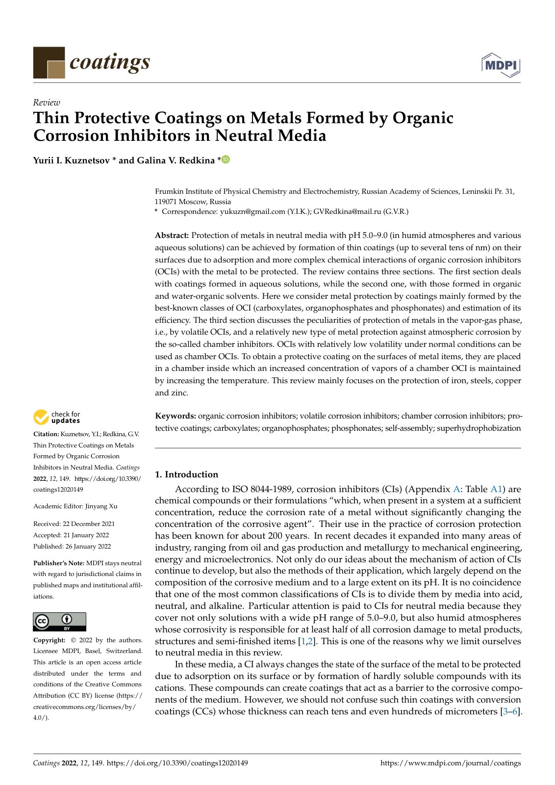 First page of Thin Protective Coatings on Metals Formed by Organic Corrosion Inhibitors in Neutral Media