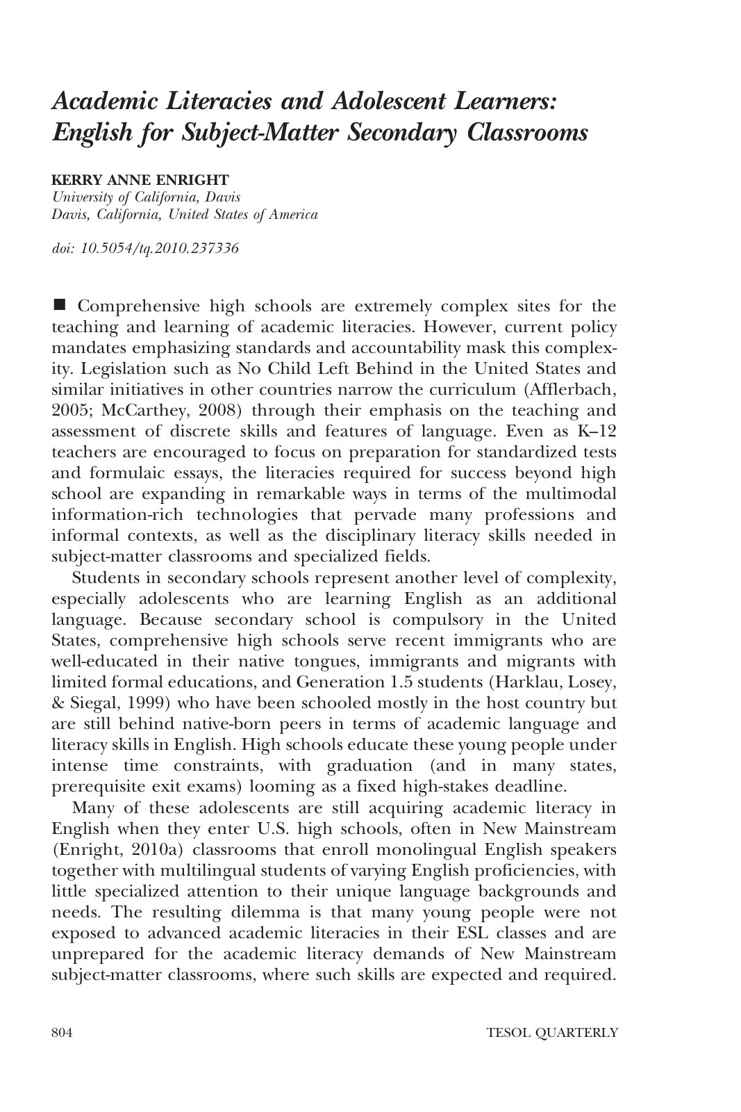 First page of Academic Literacies and Adolescent Learn