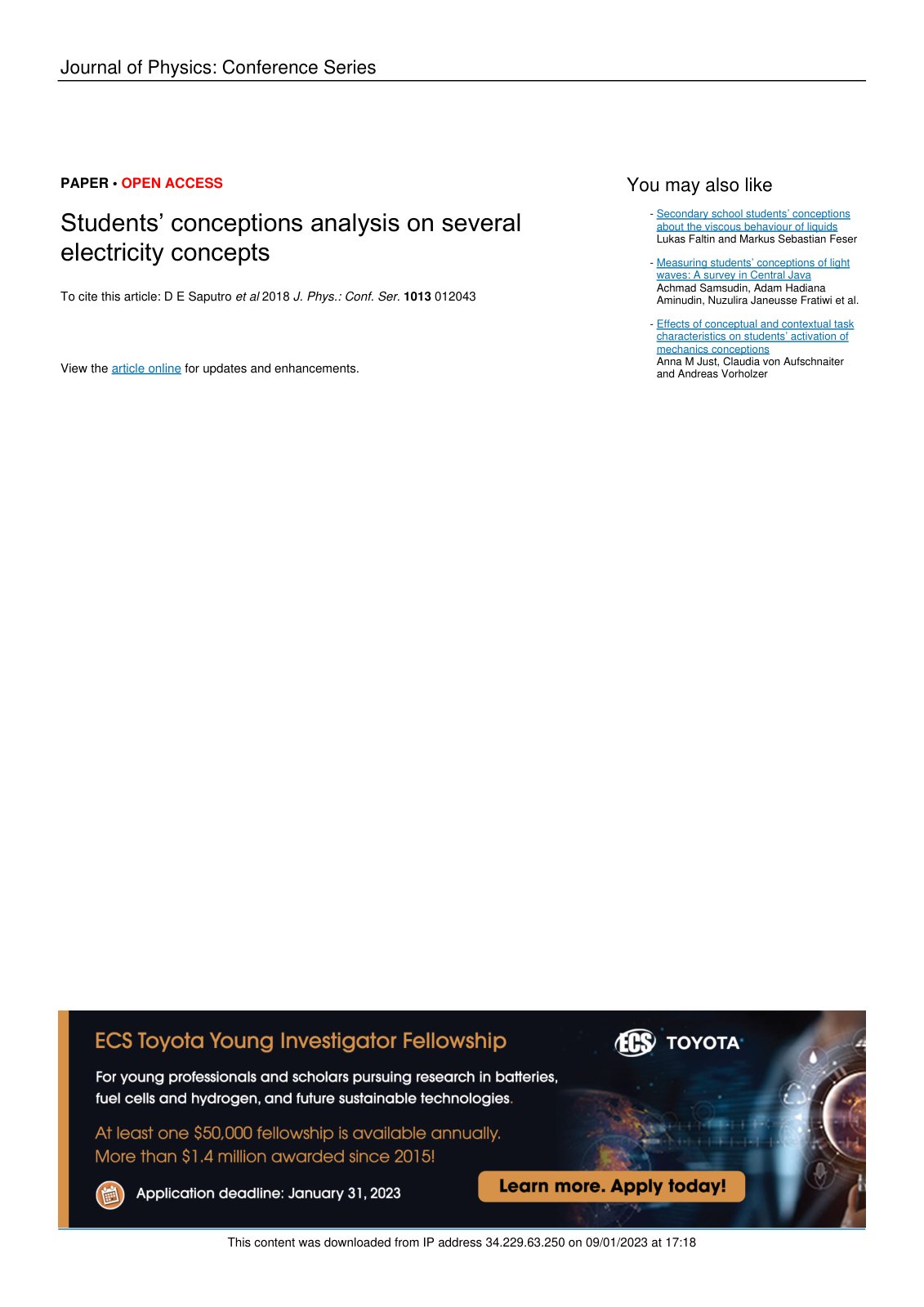 First page of Students’ conceptions analysis on several electricity concepts