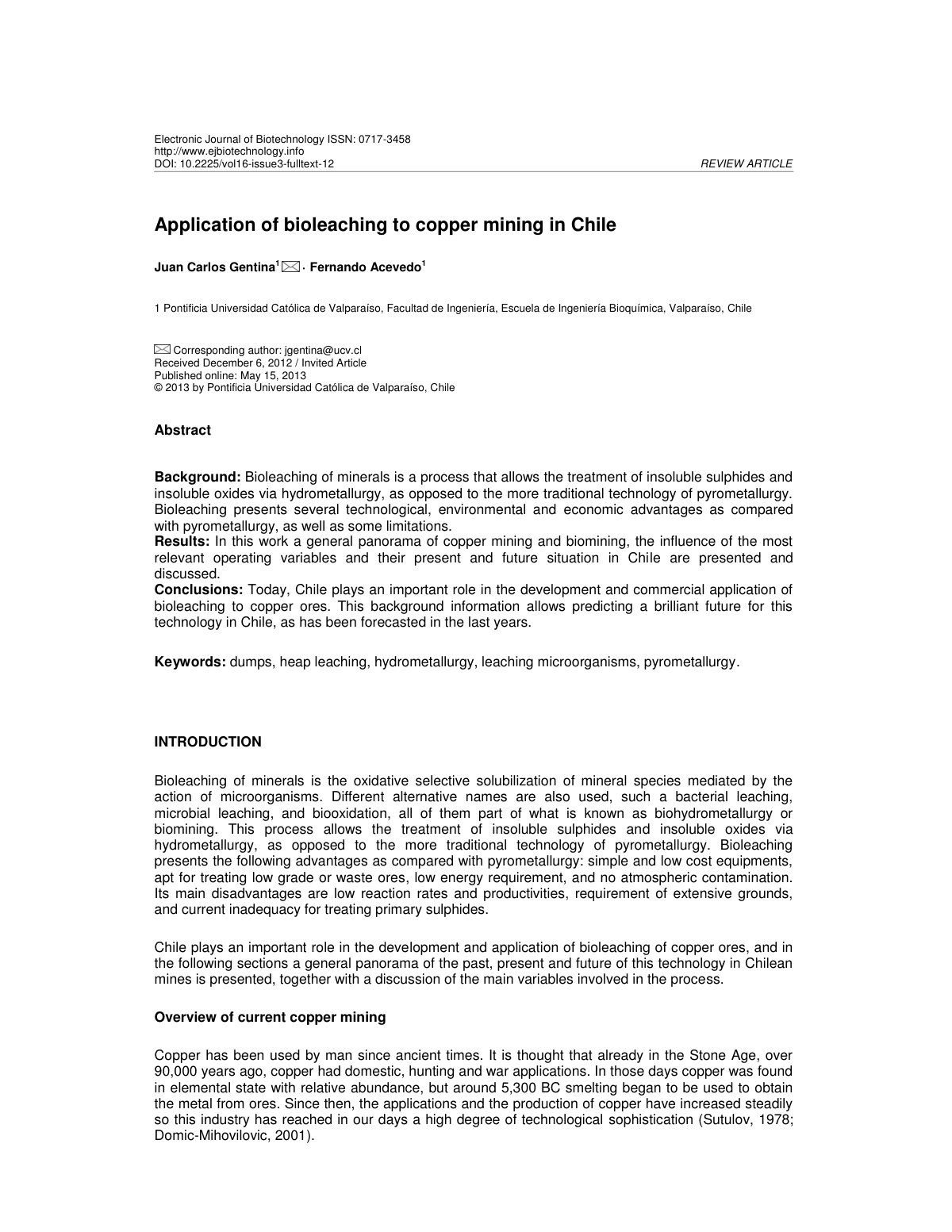 First page of Application of bioleaching to copper min