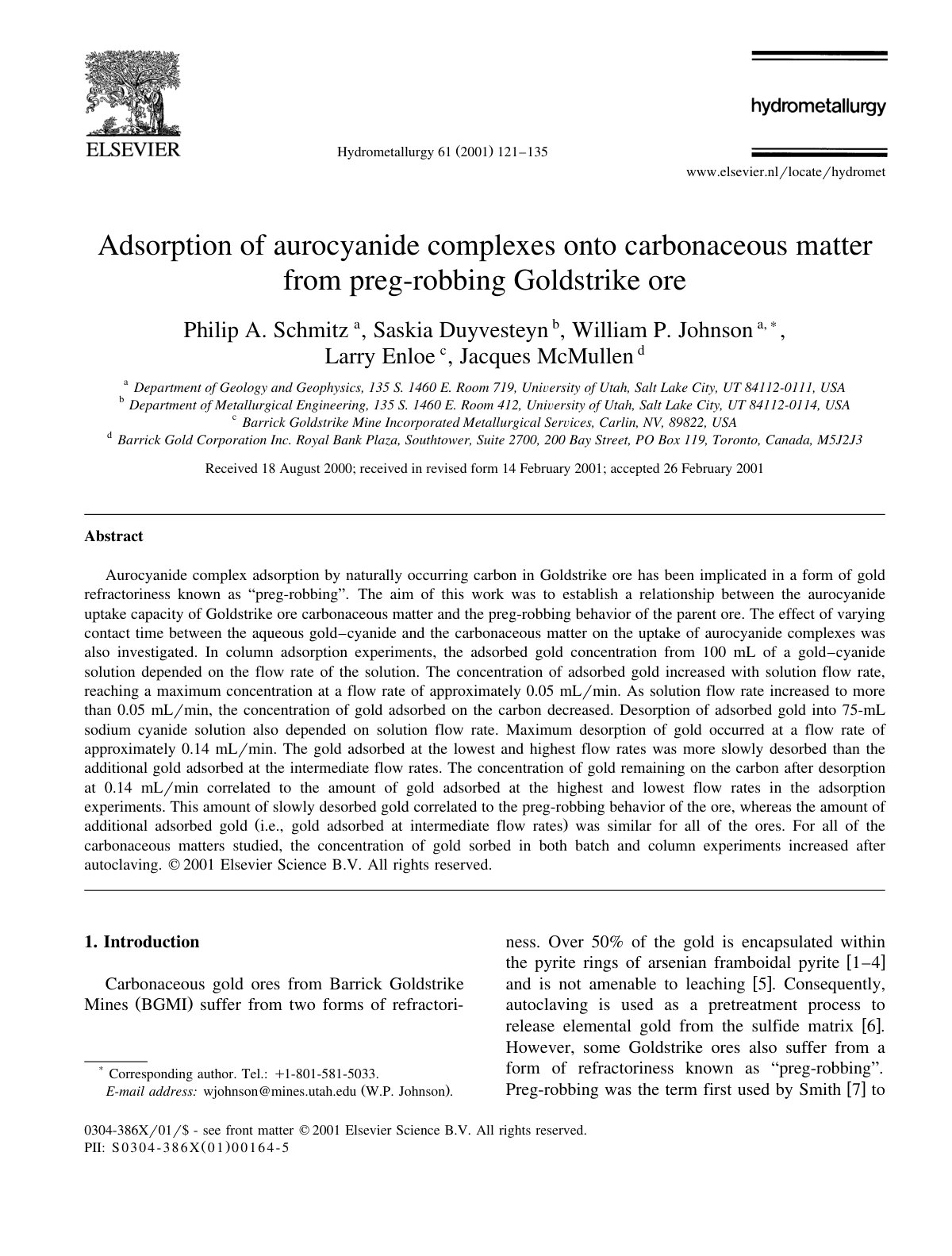 First page of Adsorption of aurocyanide complexes onto carbonaceous matter from preg-robbing Goldstrike ore