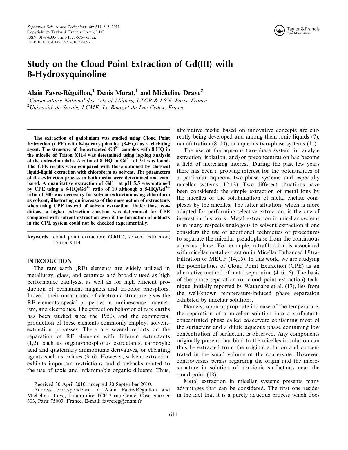 First page of Study on the Cloud Point Extraction of G